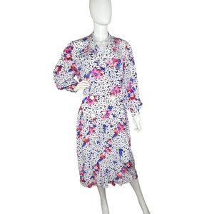 Cheminee New York Size M Vintage 70s Floral Bishop Sleeve Pleated Midi Dress